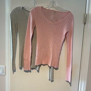 Mossimo Supply Co, 1 pink and 1 gray light weight, V-neck sweaters, size small.